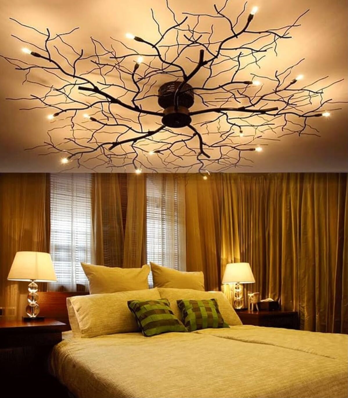Bedroom ceiling with a large branch-style light fixture above the bed