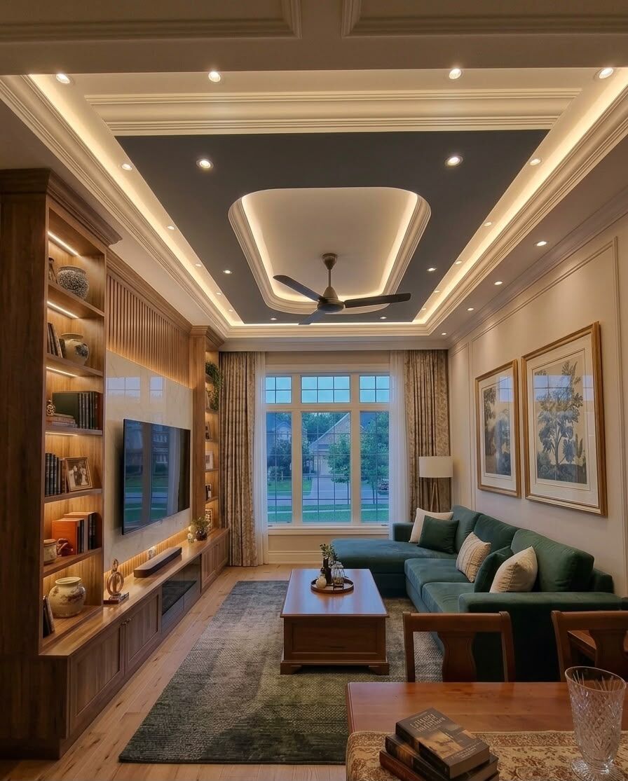 Living room ceiling with recessed lights and cove LED lighting