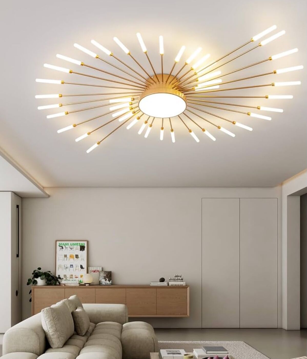 Living room ceiling with a gold sunburst LED flush mount fixture